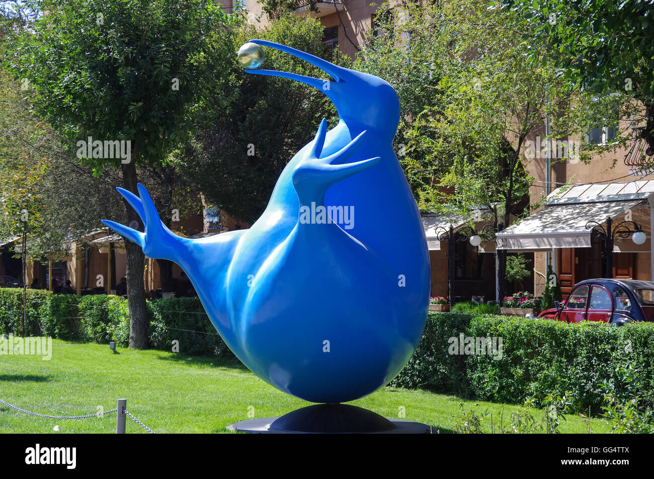 Yerevan, Armenia - September 14, 2013: Bluebird of happiness of the Kiwi. Exhibition of modern sculptures. Big Cascade. Stock Photo