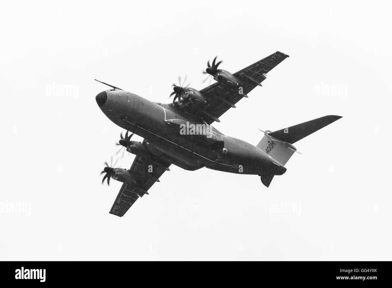 Demonstration flight at rainy day of the military transport aircraft Airbus A400M Atlas. Stock Photo