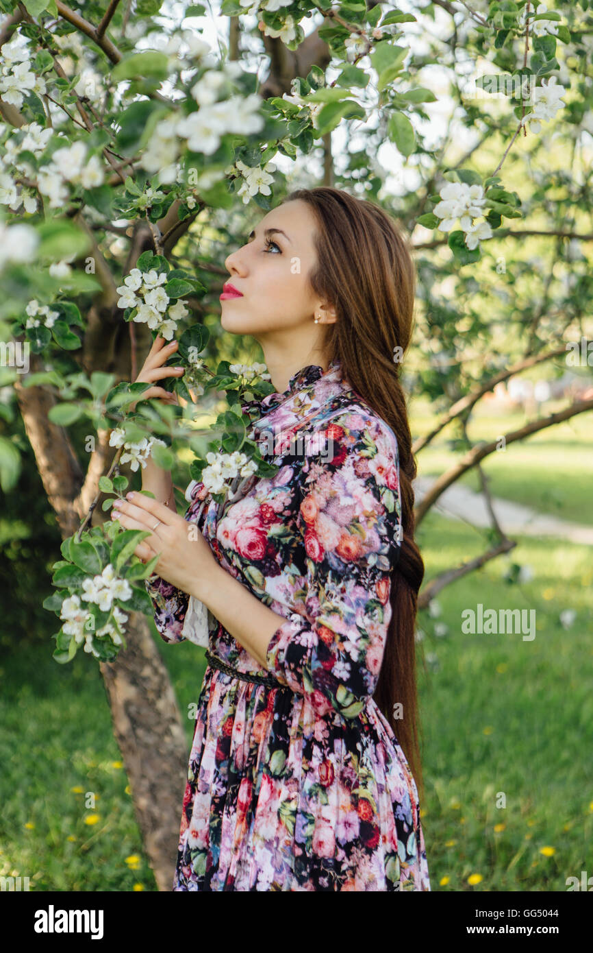 Beautiful young woman in dress standing near the blooming apple tree ...