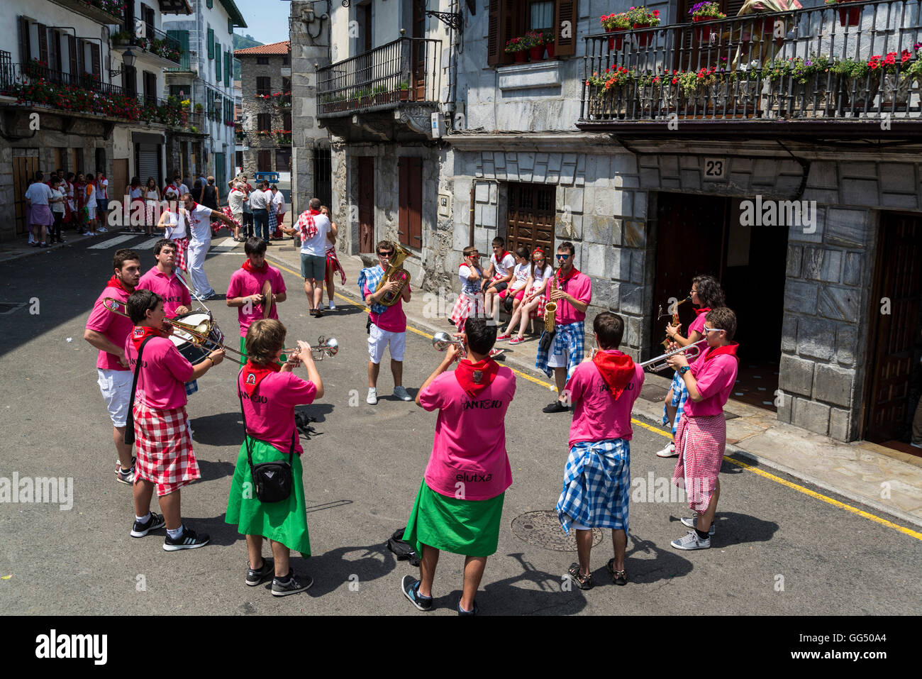 Traditional festival celebrations in street, Lesaka, Navarre, Northern