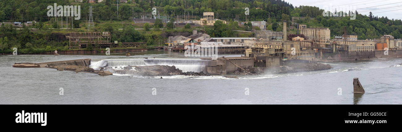 Willamette Falls Paper Mills Industrial Area Along Willamette River between Oregon City and West Linn Panorama Stock Photo
