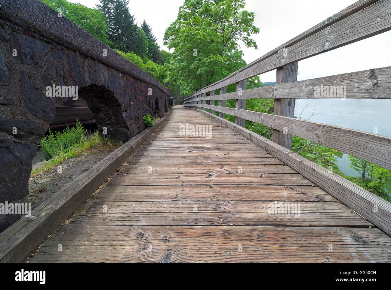 Boardwalk along the river at Willamette Falls in Oregon City Stock Photo