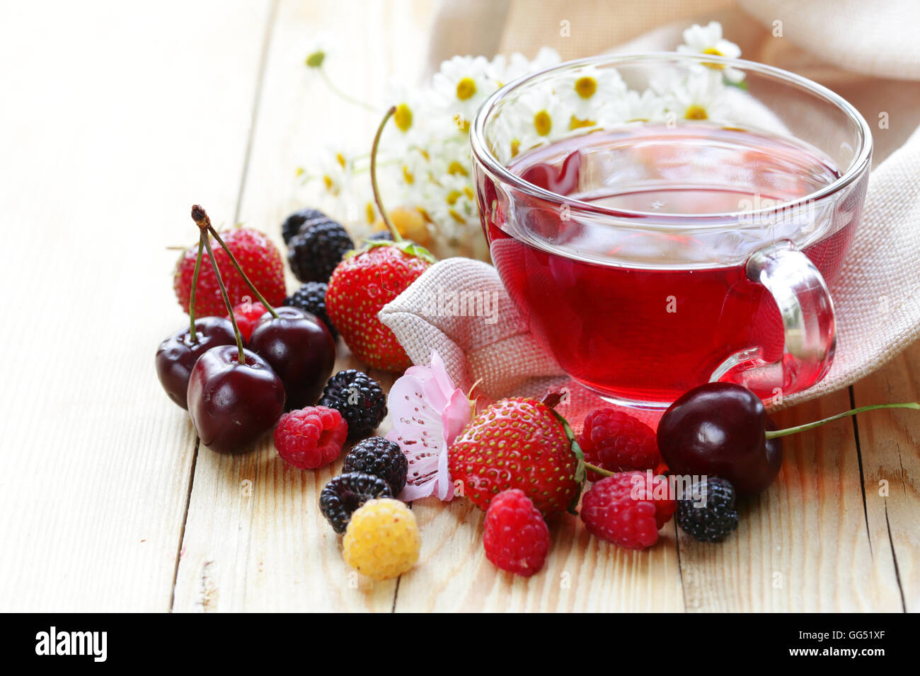 mix fruit tea in a glass cup and fresh berries Stock Photo