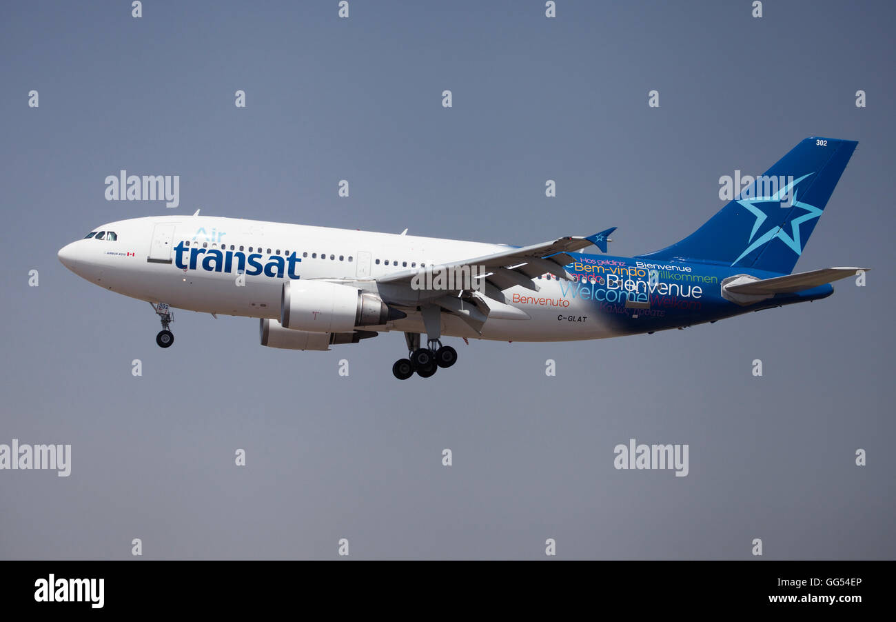 Air Transat Airbus A310-300 approaching to El Prat Airport in Barcelona, Spain. Stock Photo