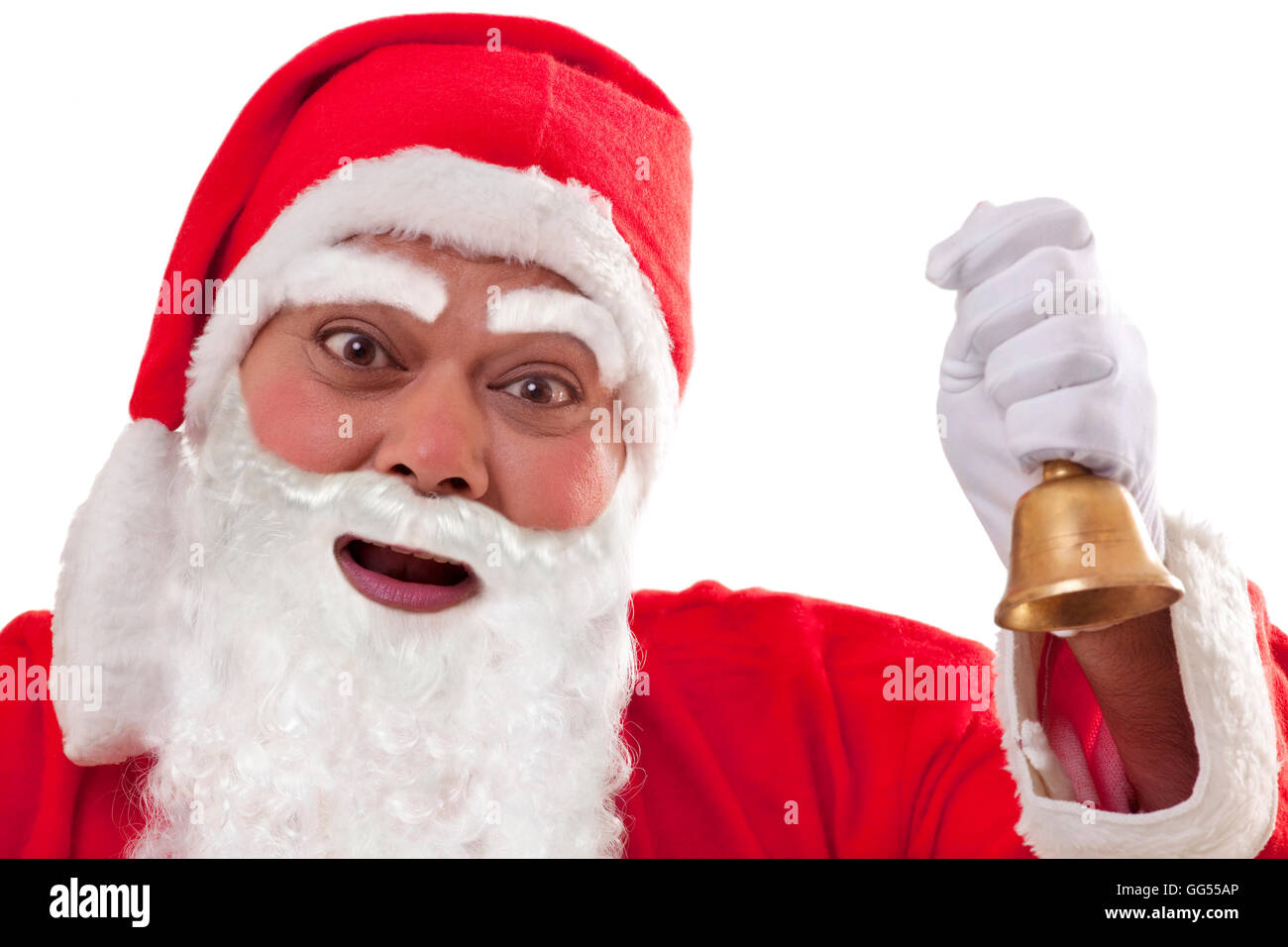 Close up of Santa Claus ringing bell over white background Stock Photo