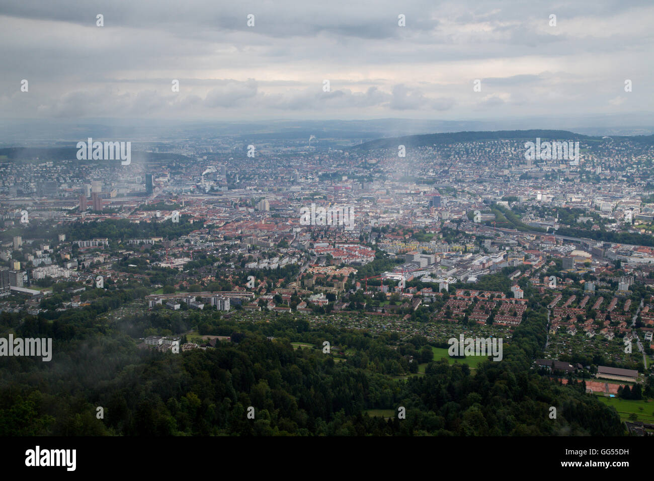 The view over Zurich city centre from the top of Üetliberg in Switzerland. Stock Photo