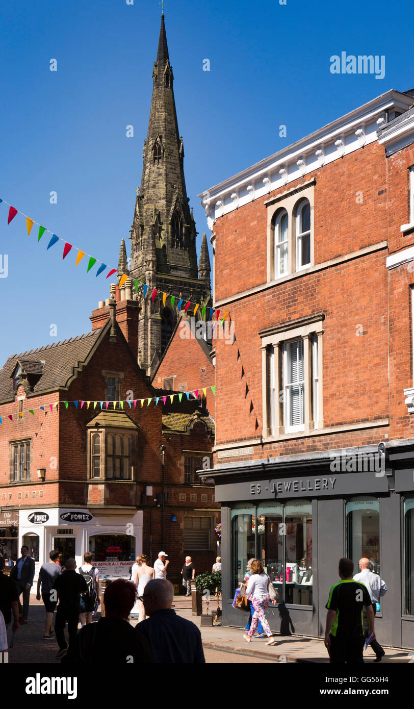 UK, England, Staffordshire, Lichfield, Tamworth Street, St Mary’s spire above city centre shops Stock Photo