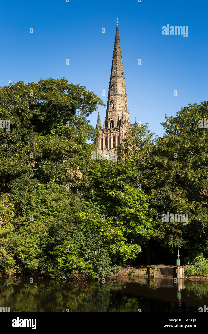 UK, England, Staffordshire, Lichfield, Cathedral central spire from Minster Pool Stock Photo