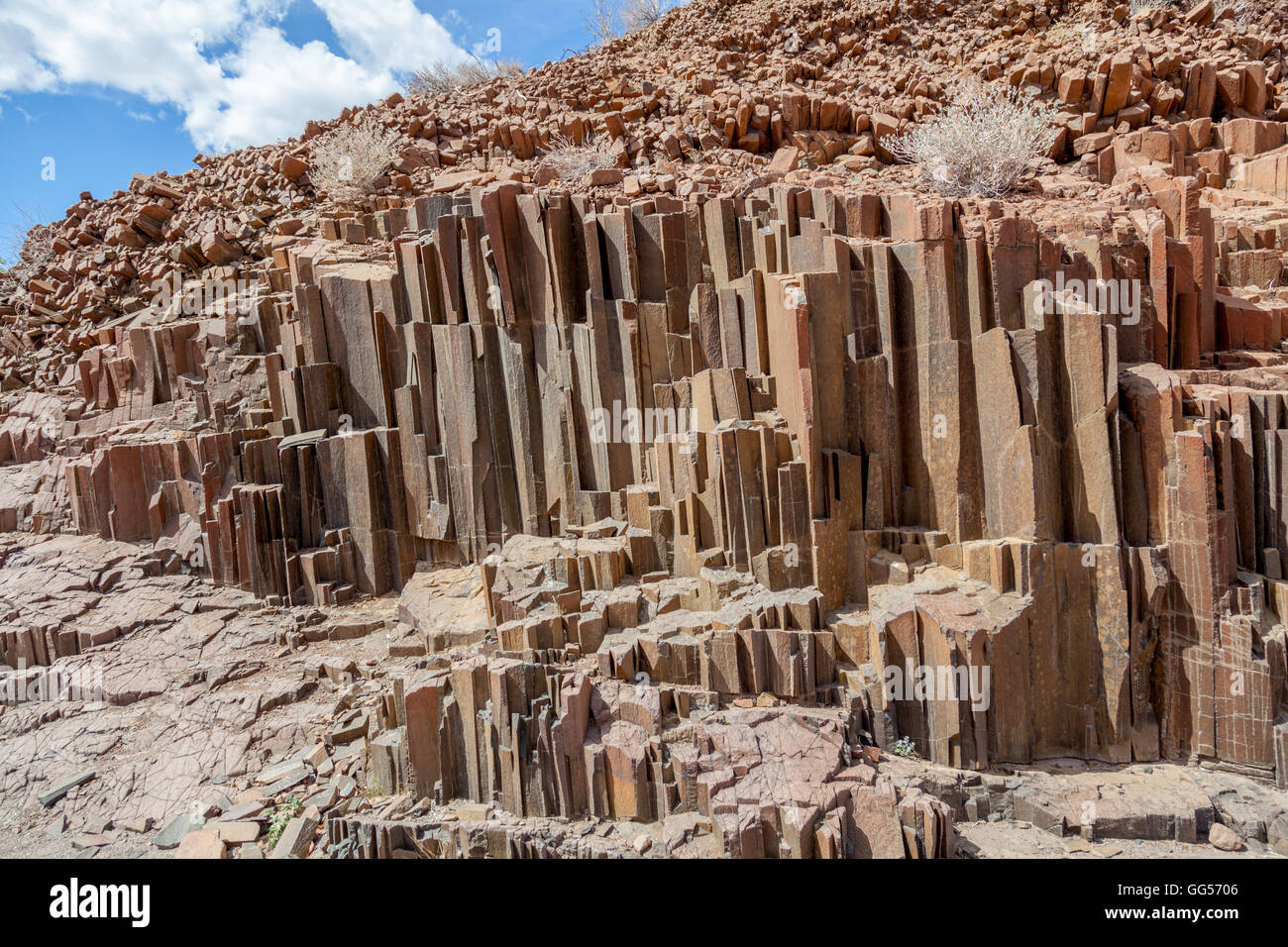 Damaraland Namibia Organ Pipes, natural rock formation near Doro Nawas.  Dolerite pillars exposed by erosion. The hexagonal form Stock Photo