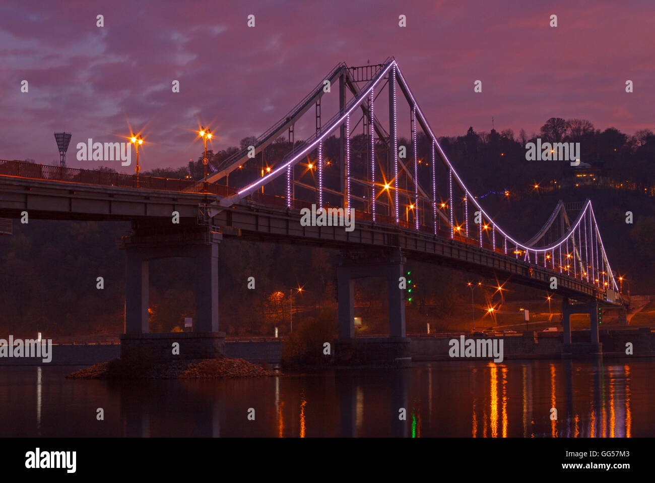 view on pedestrian bridge in Kiev at night Stock Photo