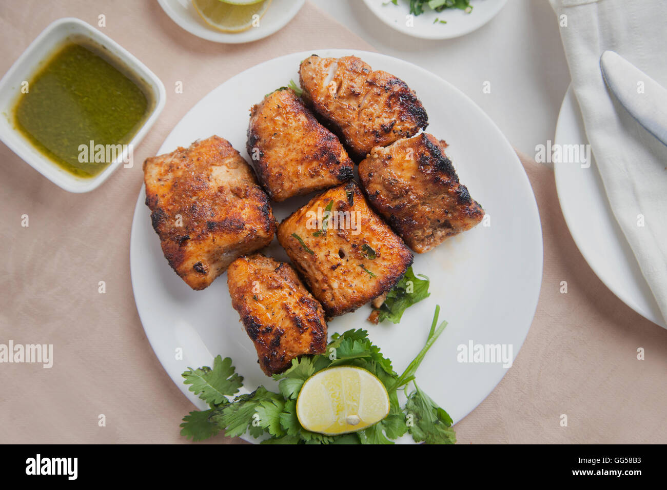 Directly above shot of delicious chicken served in plate Stock Photo