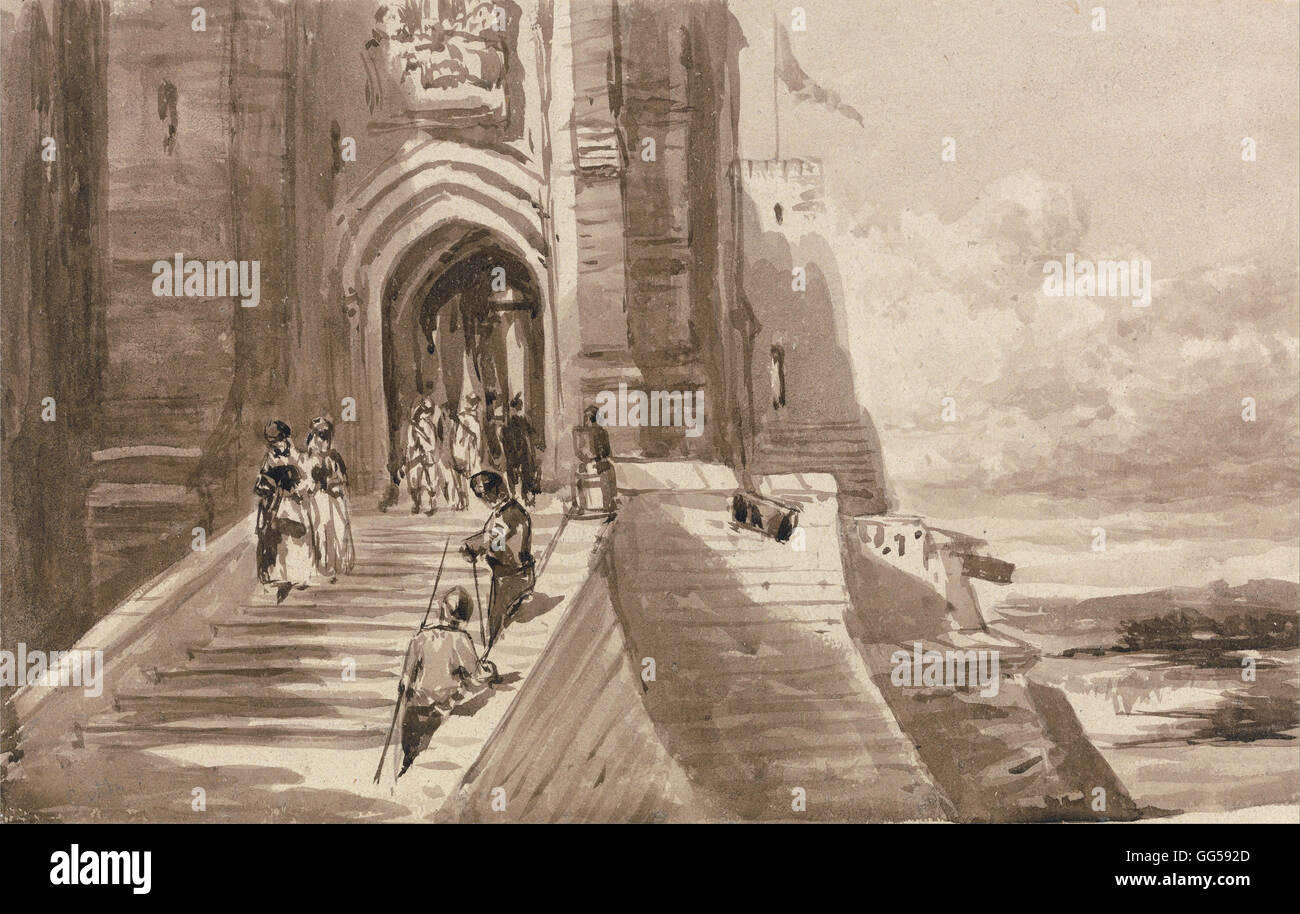 David Cox - Figures on the Outer Staircase of a Castle Stock Photo