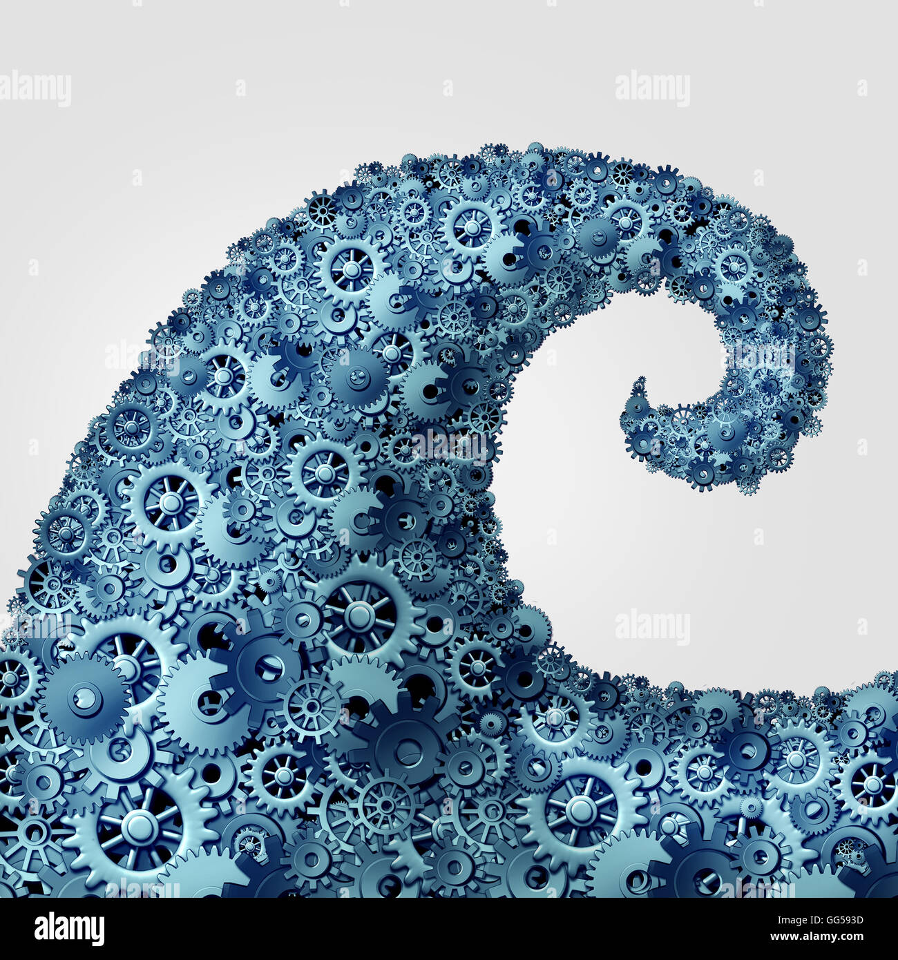 Business wave trends concept as a group of cogwheel and gear objects shaped as an ocean wave surging with force as a metaphor for technology current of change as a 3D illustration. Stock Photo