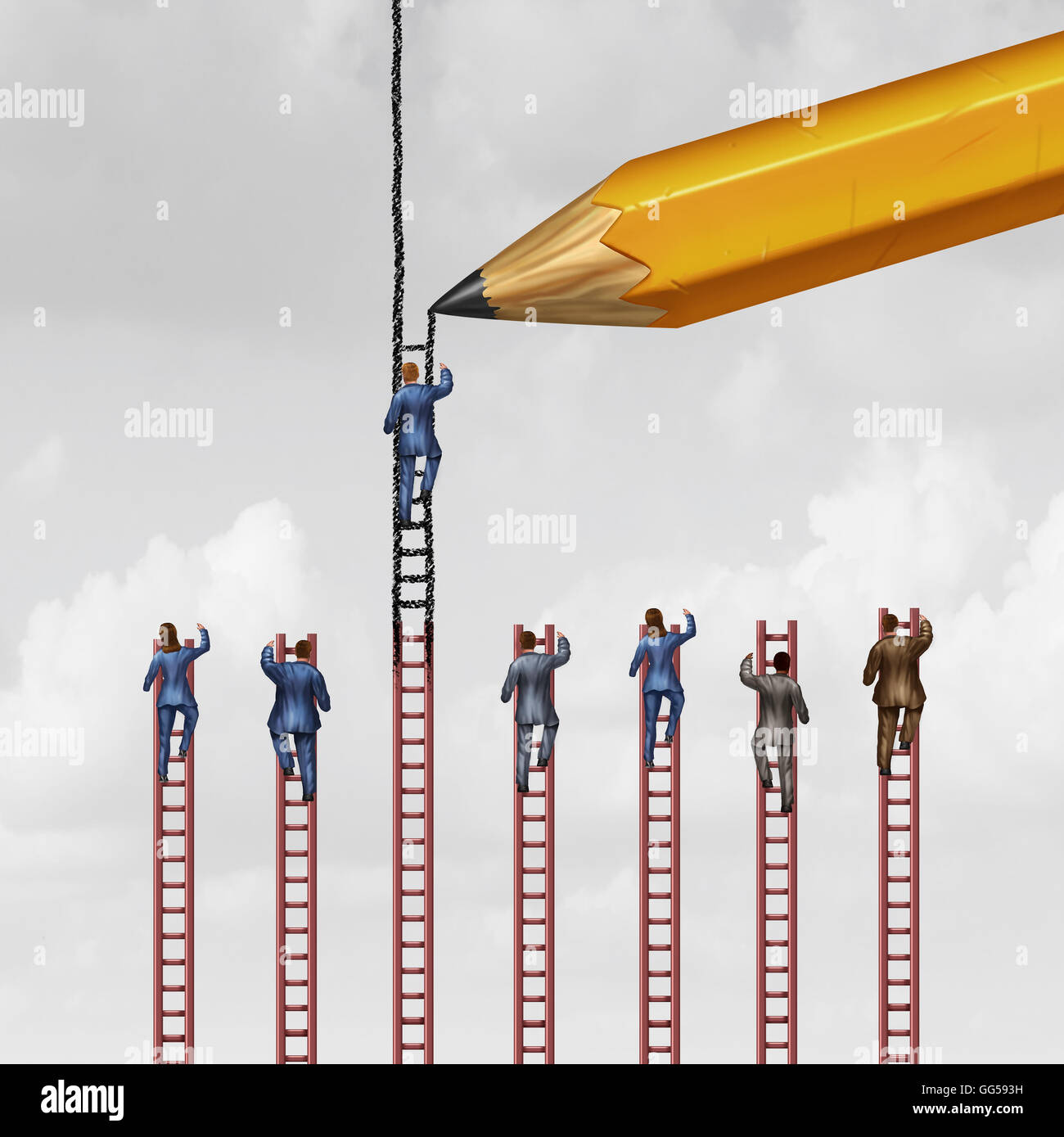 Career advice concept and business success support symbol as a group of businessmen and businesswomen climbing limited ladders but one individual that is helped by a pencil extending opportunity with 3D illustration elements. Stock Photo