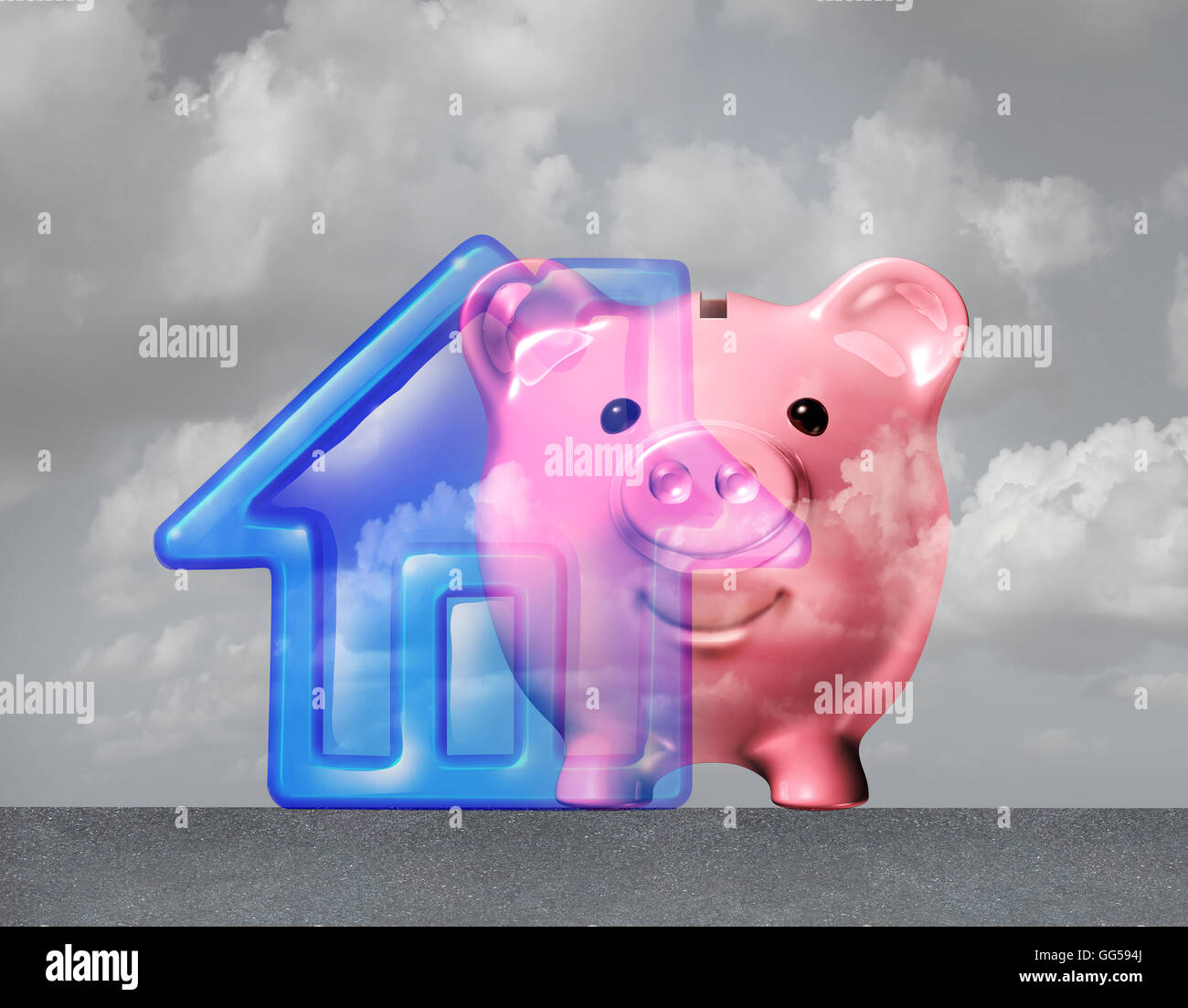 Home down payment and house mortgage symbol as a family residence symbol merging with a piggy bank as a real estate financial metaphor with 3D illustration elements. Stock Photo