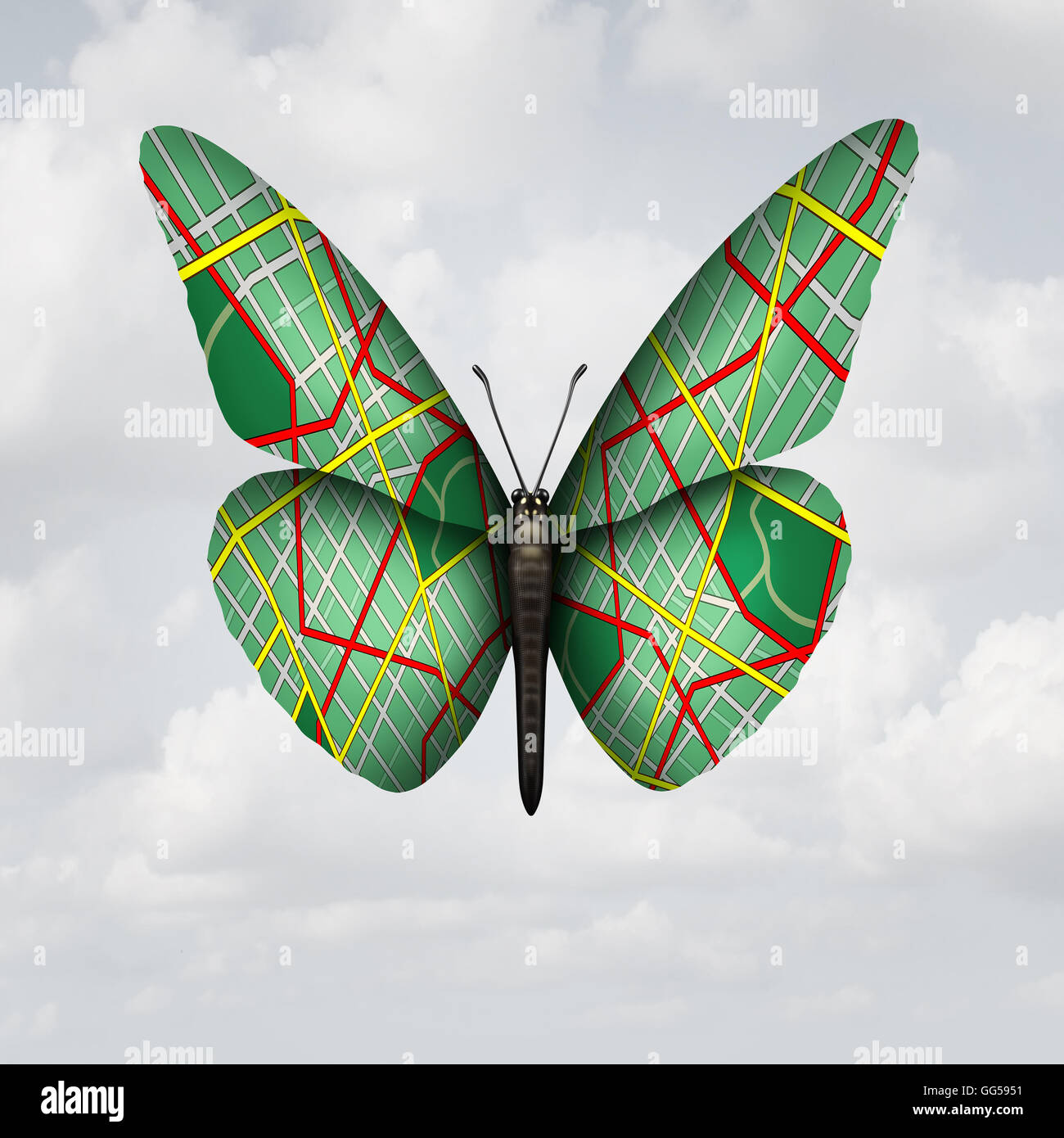 Navigation freedom concept as a flying butterfly with a road map texture as a travel and transportation metaphor for touring liberty and mobility as a 3D illustration. Stock Photo