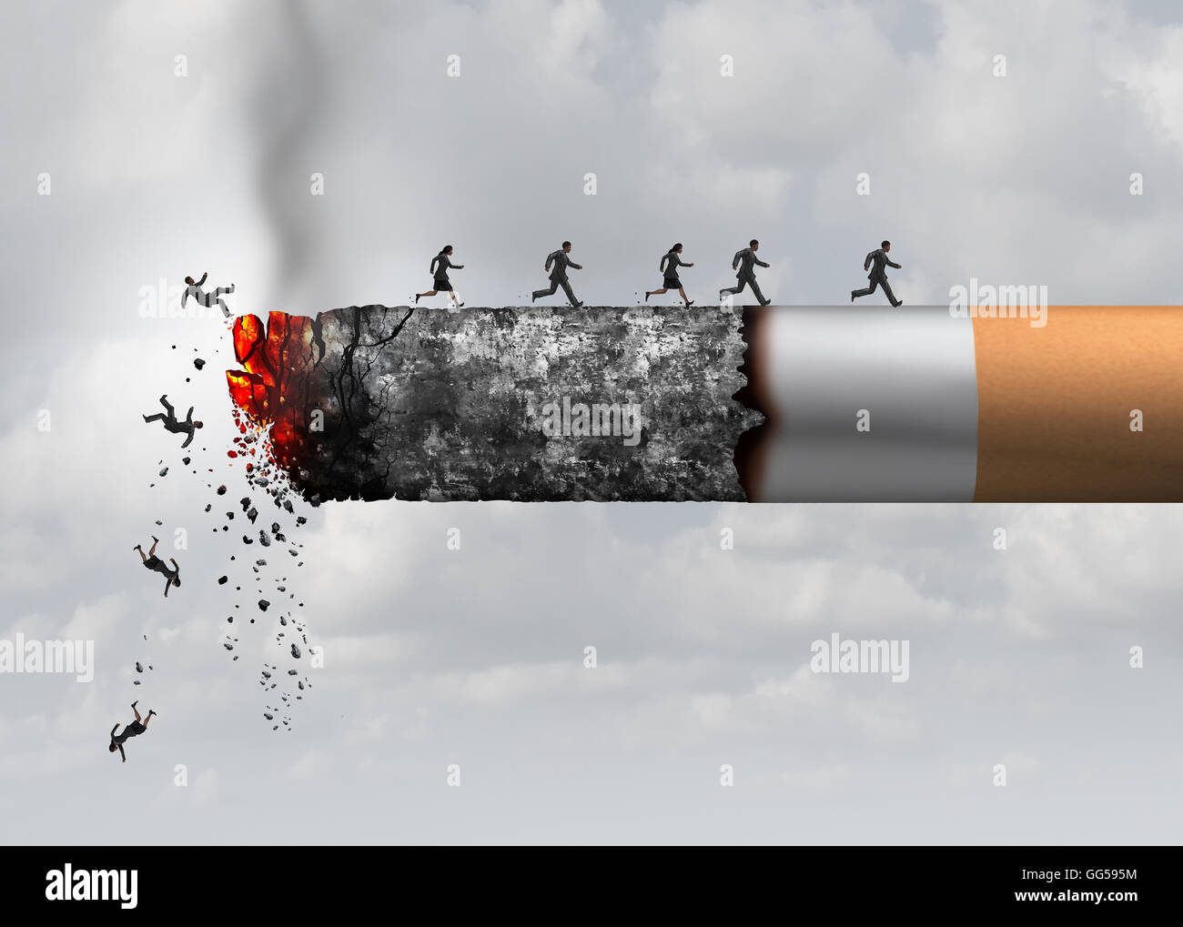 Smoking death and danger concept as a cigarette burning with people falling and escaping the hot burning ash as a metaphor for toxic smoke exposure causing lung cancer and lethal health risks with 3D illustration elements. Stock Photo
