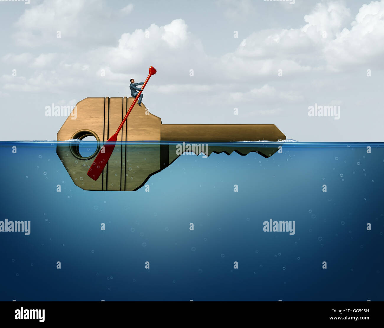 Solution management business concept as a leader businessman guiding and directing a giant key in the water as a metaphor for corporate guidance and direction strategy with 3D illustration elements. Stock Photo