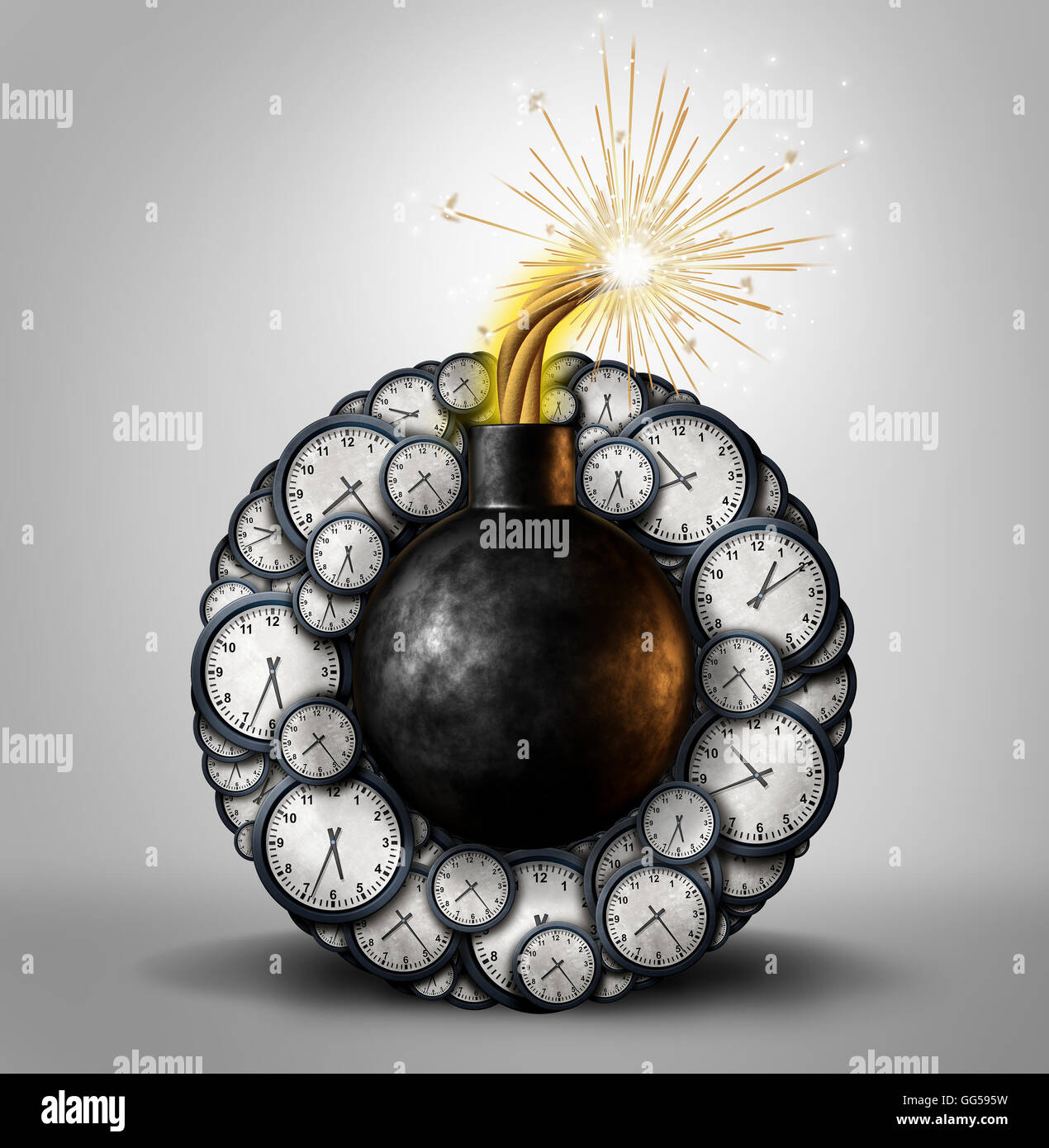 Time bomb business deadline concept as an explosive device surrounded by clock timer objects as an urgent stressful scheduling or countdown metaphor as a 3D illustration. Stock Photo