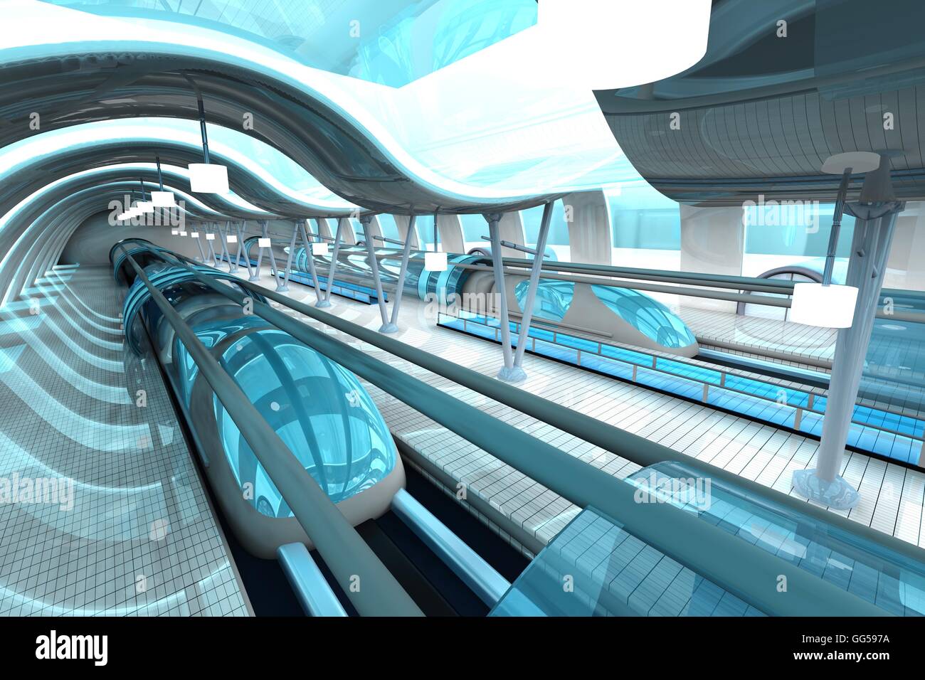 A futuristic subway or train station. 3D architecture visualization. Stock Photo