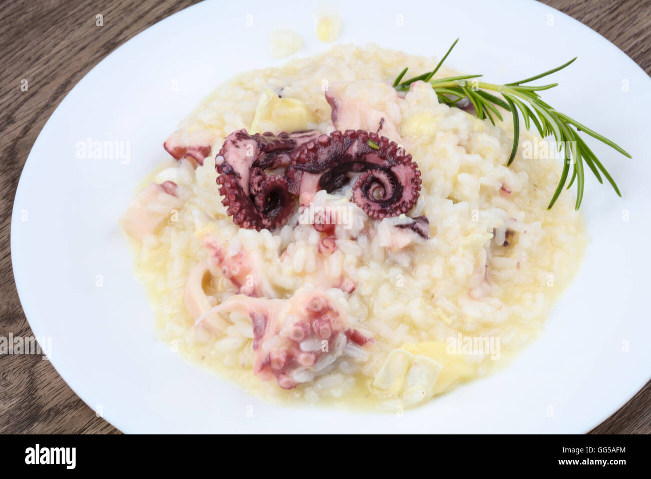Risotto with octopus served green rosemary Stock Photo - Alamy