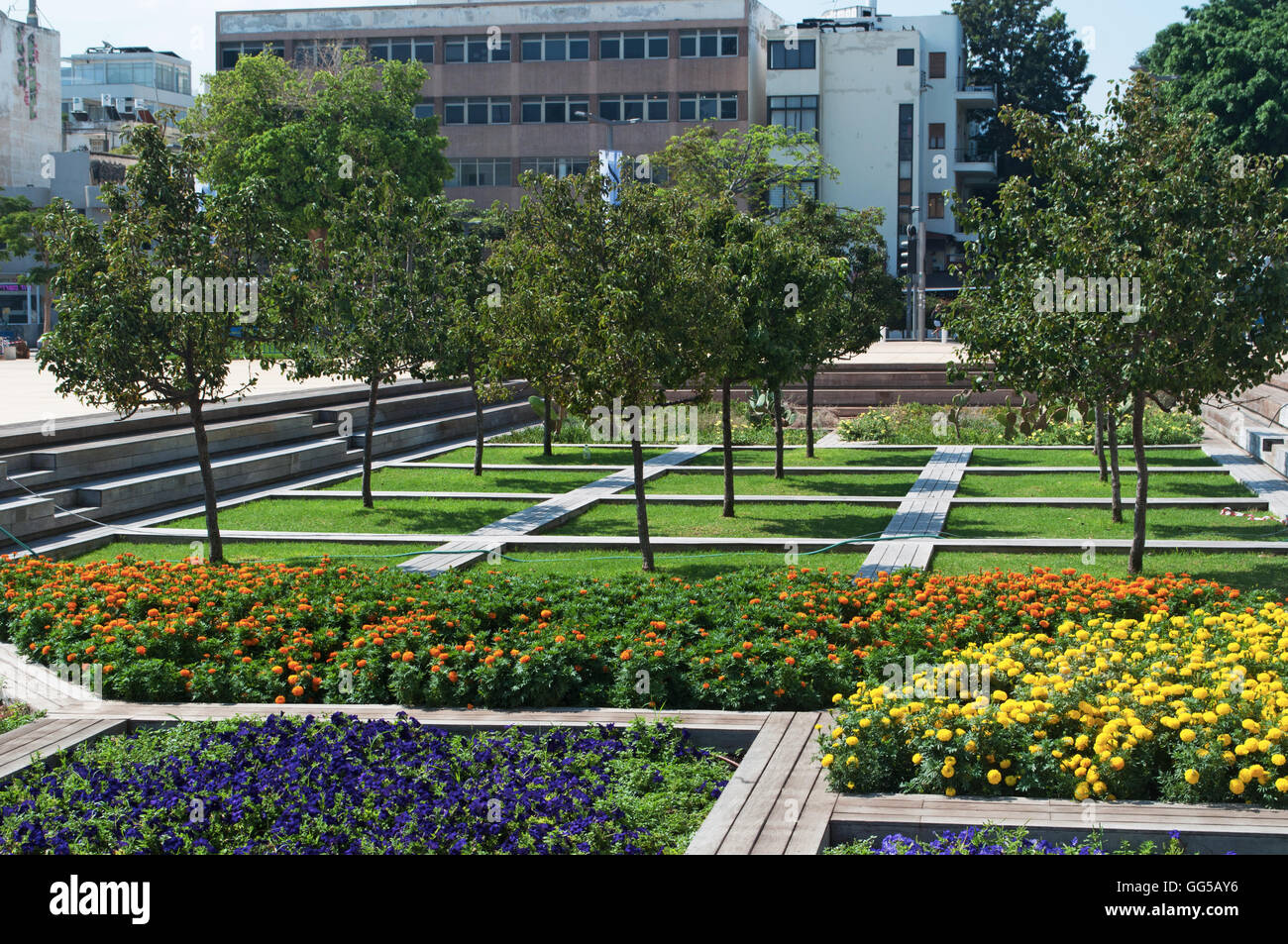 Tel Aviv: view of the gardens of the Habima Theatre, in Habima Square, the national theatre of Israel Stock Photo