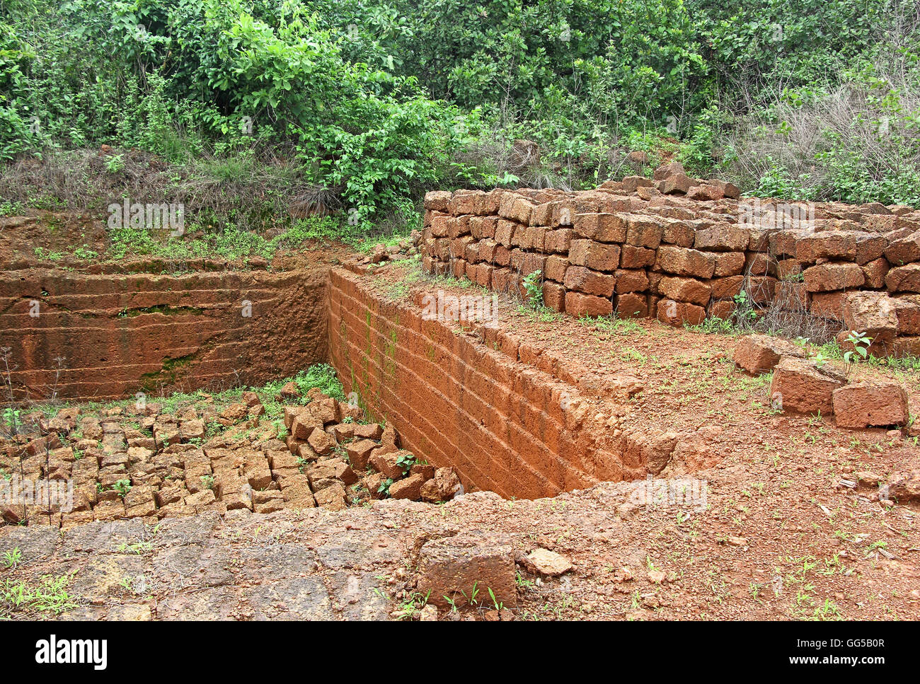 Quarry of laterite stone, a soft rock widely used as building material of old forts and houses in Goa and Konkan region, India. Stock Photo