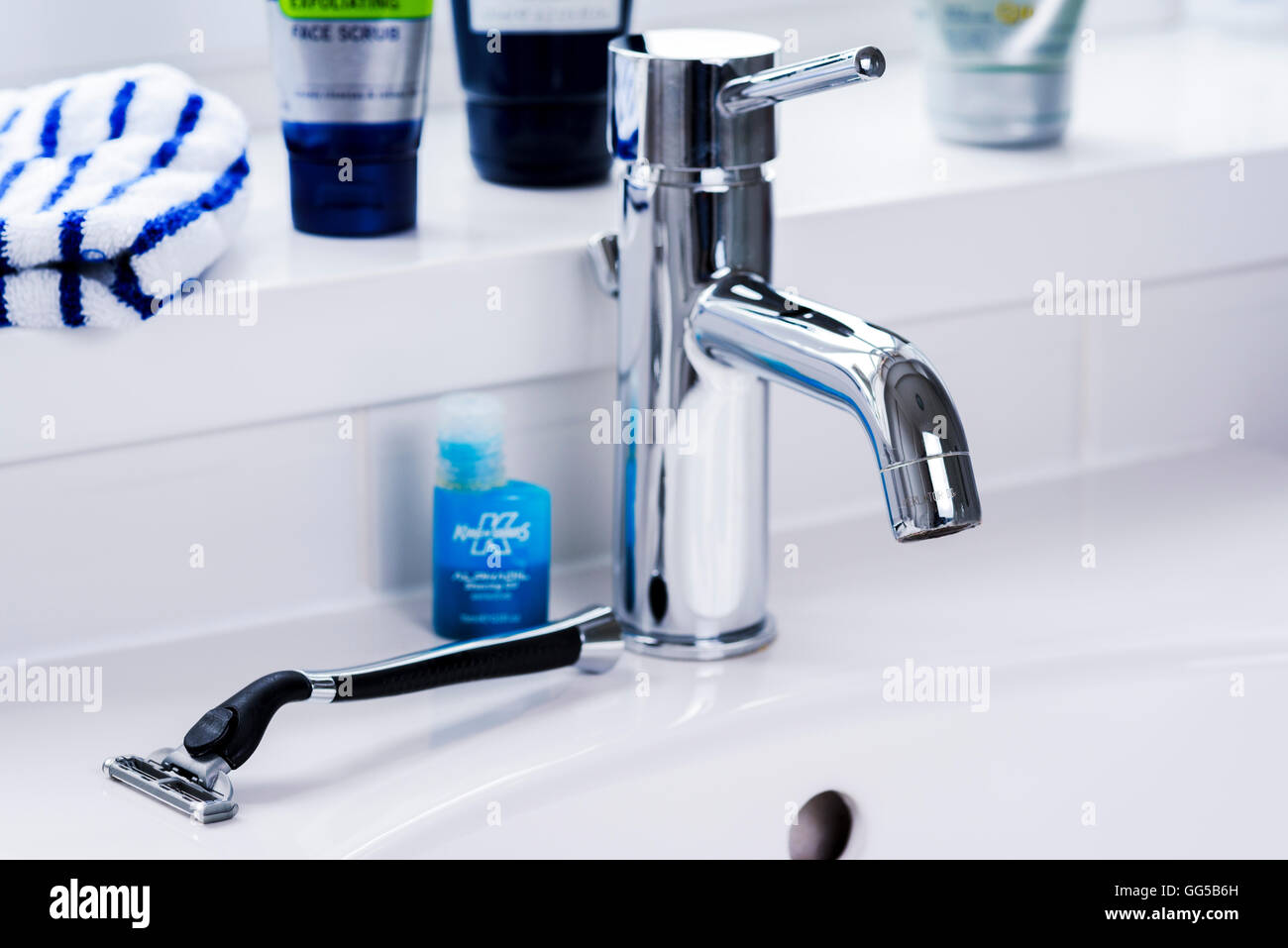 Razor and mens grooming products. Stock Photo