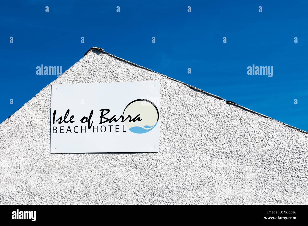 Sign for The Isle of Barra Beach Hotel on Bàgh Halaman on the island of Barra in the Outer Hebrides. Stock Photo