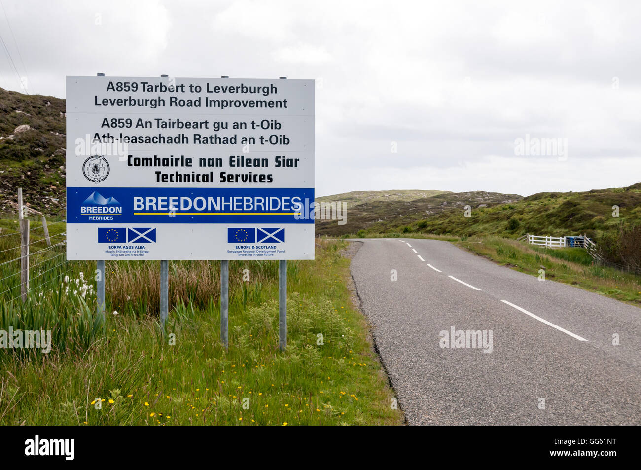 European logo or EU insignia and sign for European Regional Development Fund on improvements to the A859 Tarbert to Leverburgh road on Harris. Stock Photo