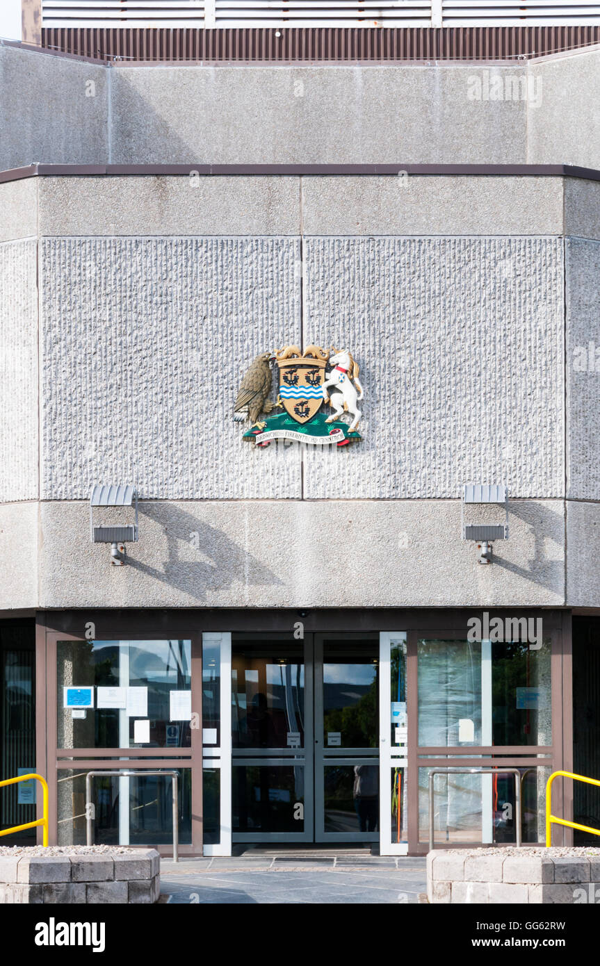 Entrance to the offices of Comhairle nan Eilean Siar, local government for Na h-Eileanan Siar or the Outer Hebrides. Stock Photo