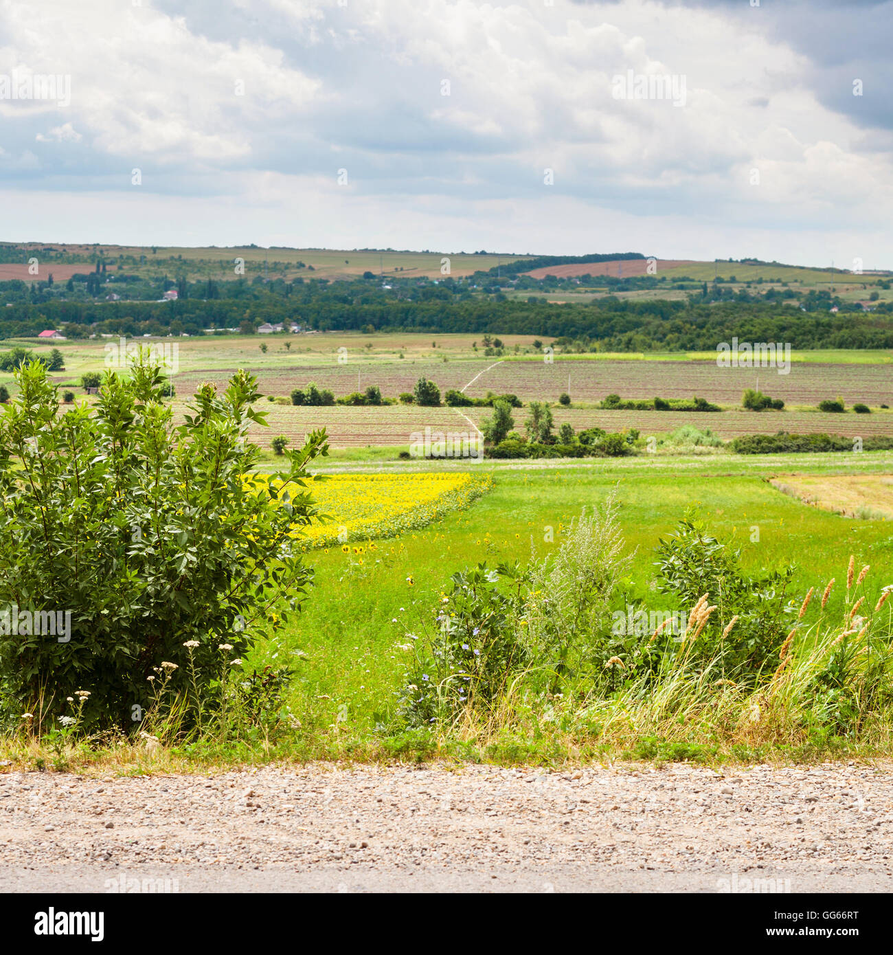 country landscape with road, fields and village, Kuban, Russia Stock Photo