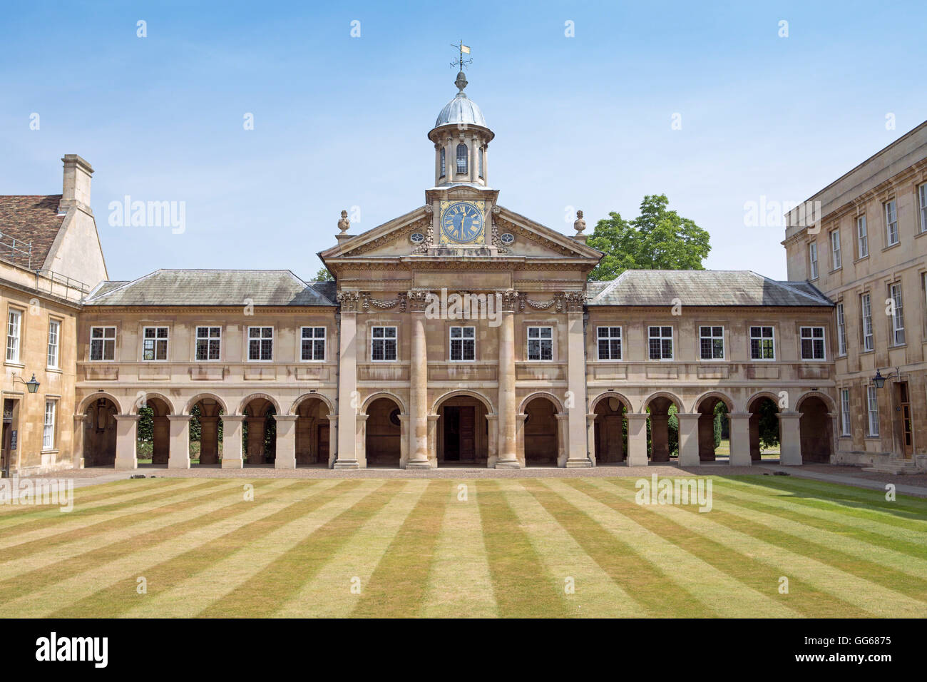 Cambridge University - Emmanuel college front court and chapel (by Christopher Wren) Stock Photo