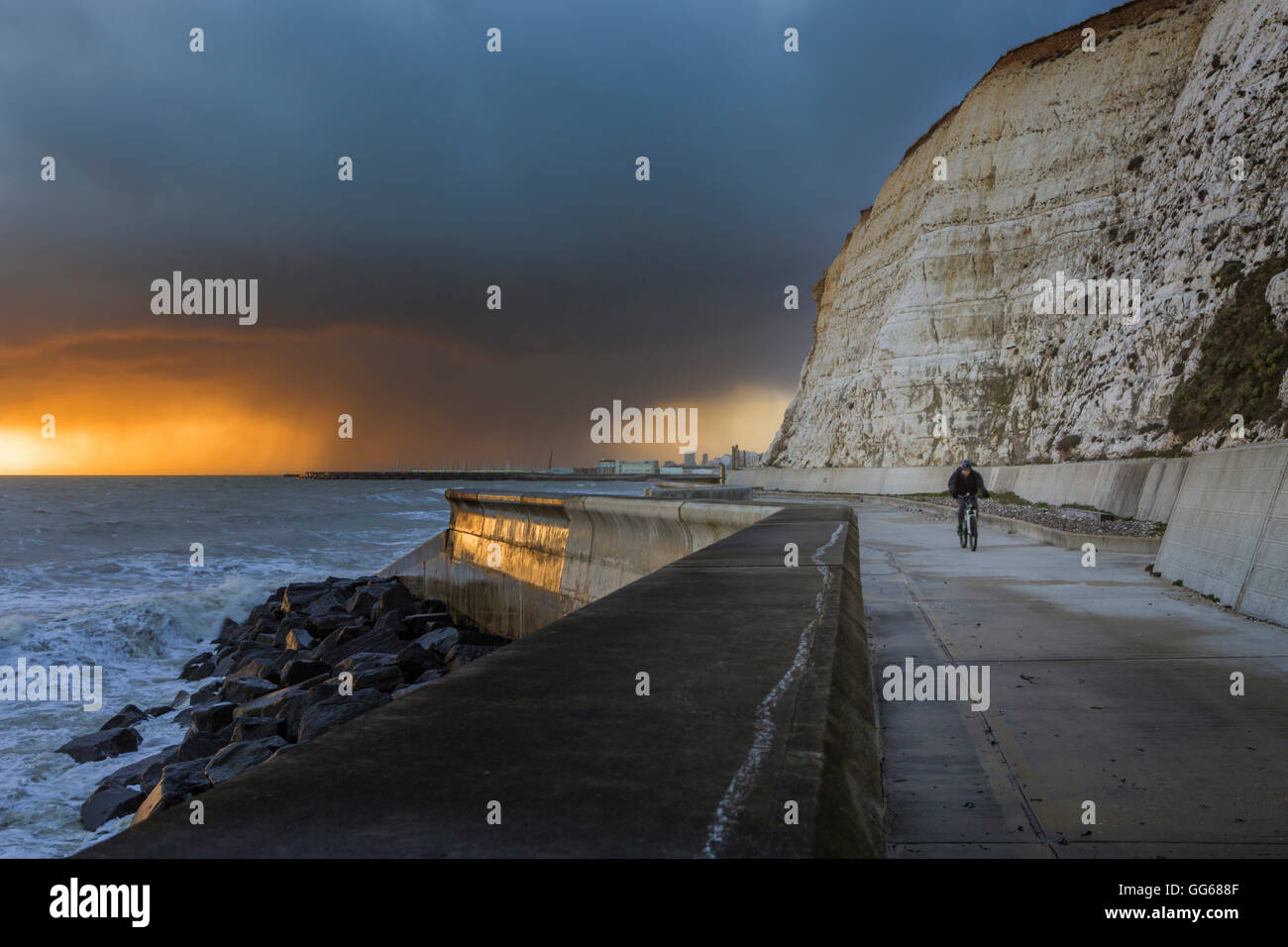 English chalk cliffs in Peacehaven near Brighton during stormy weather