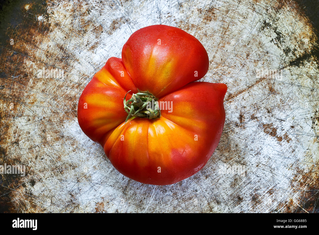 Imperfect organic tomato on rustic metallic background Stock Photo