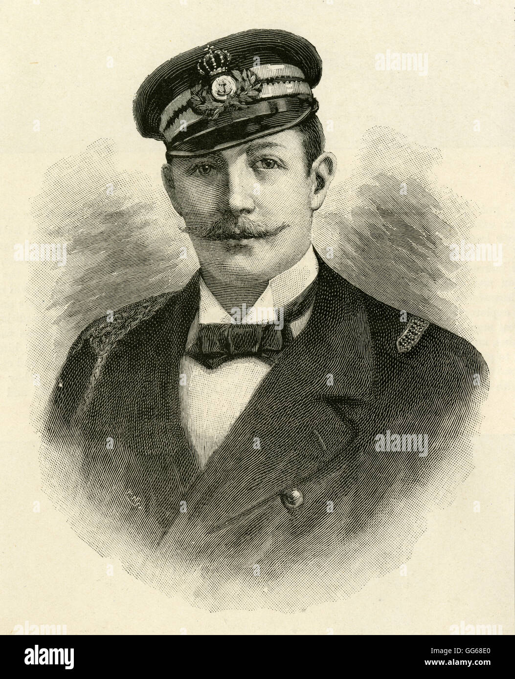 Antique c1910 engraving, Prince George of Greece and Denmark (1869-1957) was the second son of George I of Greece and Olga Konstantinovna of Russia, and is remembered chiefly for having once saved the life of the future Emperor of Russia, Nicholas II in 1891 during their visit to Japan together. SOURCE: ORIGINAL STEEL ENGRAVING. Stock Photo