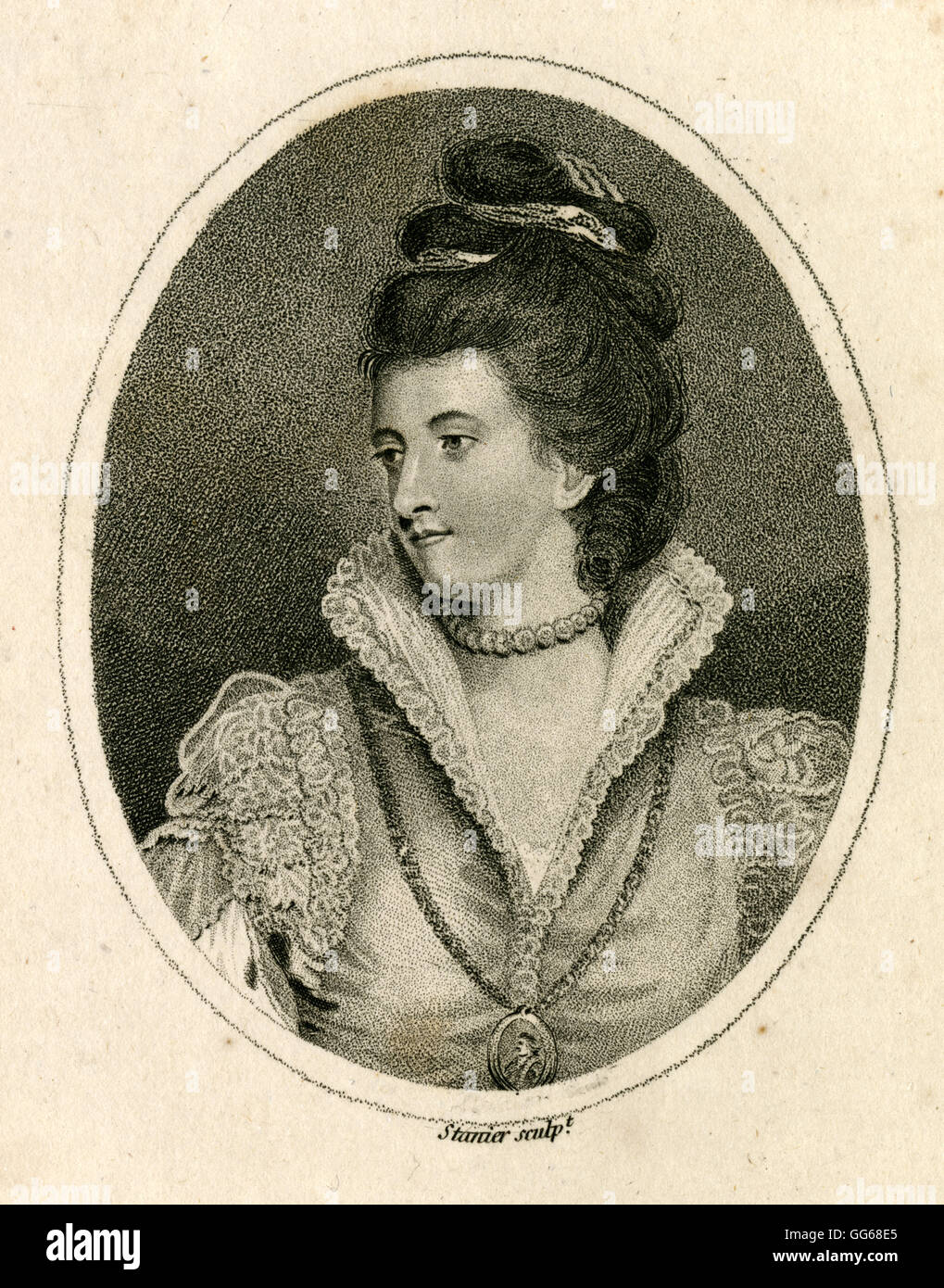 Antique 1791 engraving, Jane Gordon, Duchess of Gordon. Jane Gordon (1749-1812), née Lady Jane Maxwell, was a Scottish Tory political hostess. Together with her husband Alexander, 4th Duke of Gordon and her son George, Marquess of Huntly, the future 5th Duke of Gordon she founded the Gordon Highlanders, a British Army infantry regiment that existed until 1994. SOURCE: ORIGINAL STEEL ENGRAVING. Stock Photo
