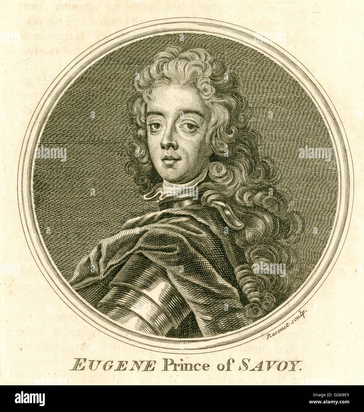 Antique c1790 engraving, Prince Eugene of Savoy. Prince Eugene of Savoy (1663-1736) was a general of the Imperial Army and statesman of the Holy Roman Empire and the Archduchy of Austria and one of the most successful military commanders in modern European history, rising to the highest offices of state at the Imperial court in Vienna. SOURCE: ORIGINAL STEEL ENGRAVING. Stock Photo