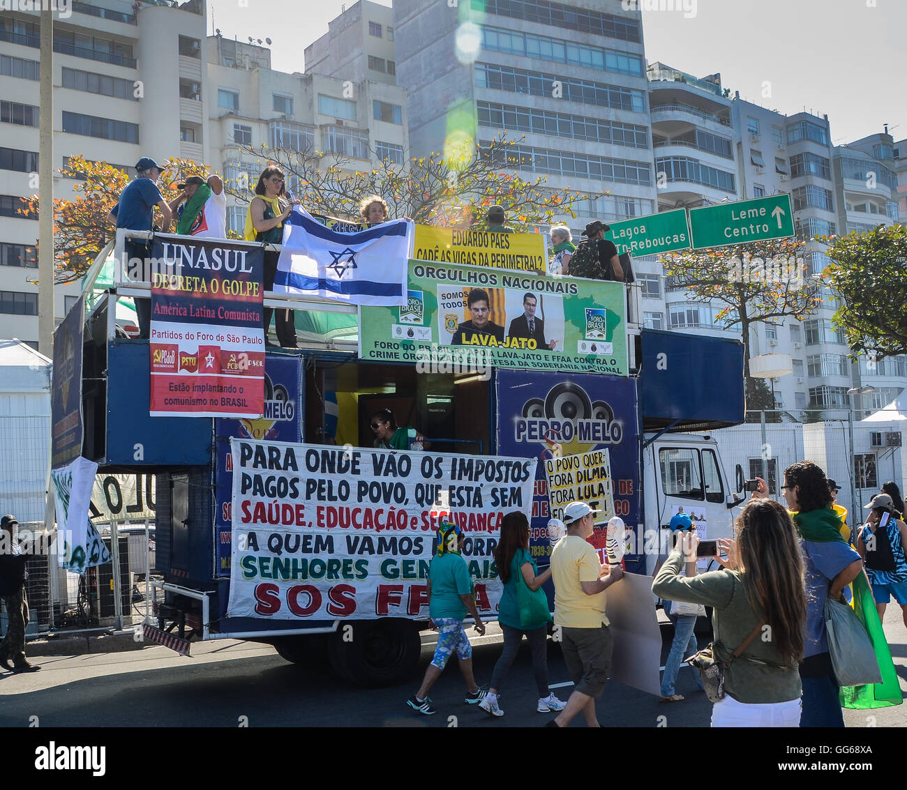 Anti-corruption protesters gather on Copacabana beach to vent their frustration at the current political situation in Brazil. Stock Photo