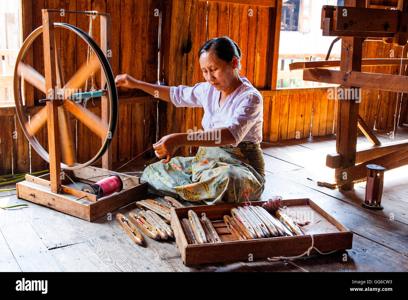 Lotus weaving mill, Myanmar Stock Photo
