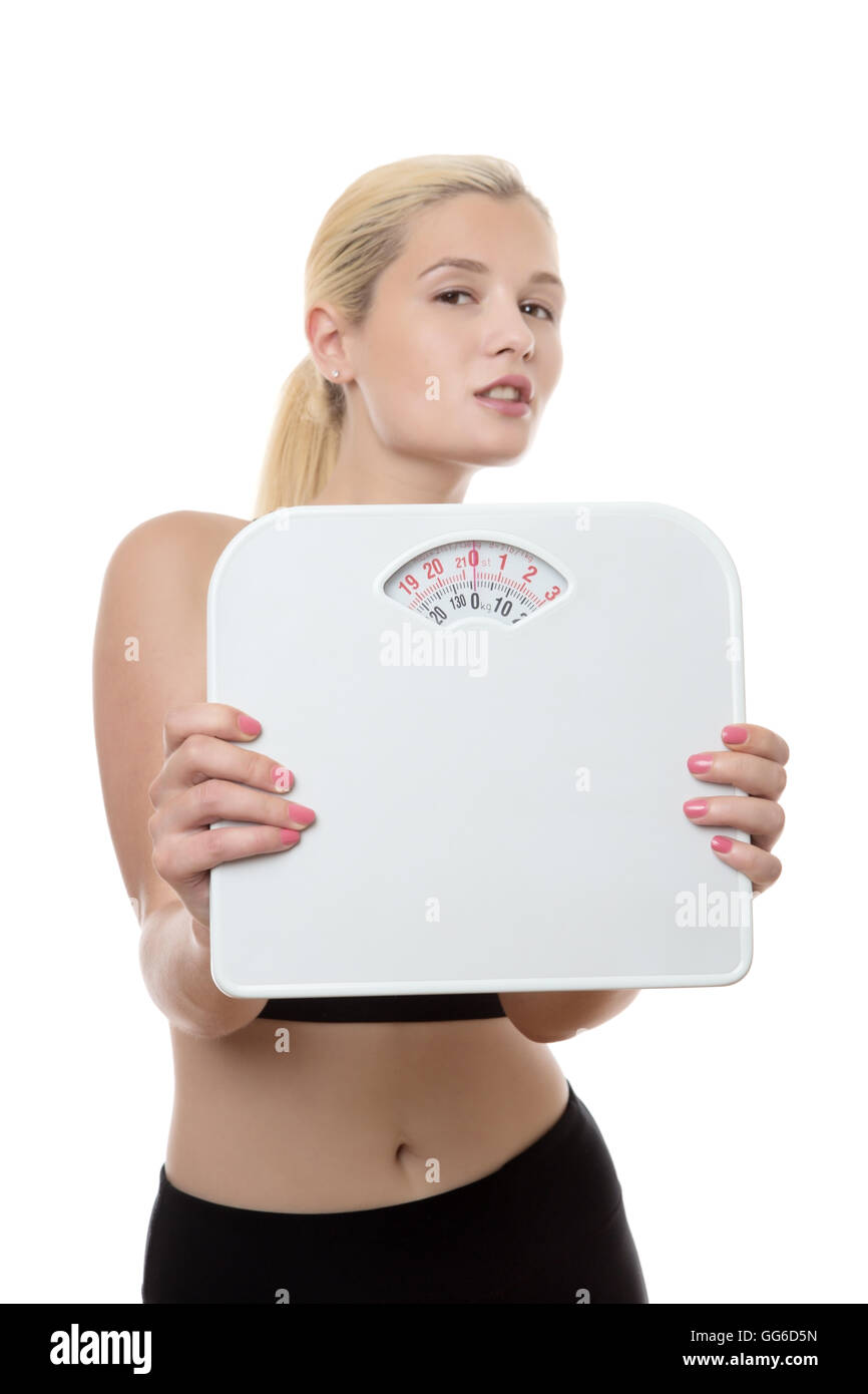 happy fitness woman holding scales Stock Photo Alamy