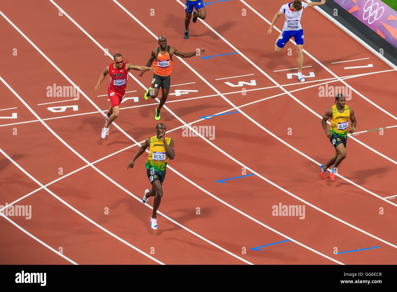 Usain Bolt after winning Men's 200m final, with finger to lips, Stadium, London 2012, Summer Olympic Games, London, England, UK Stock Photo