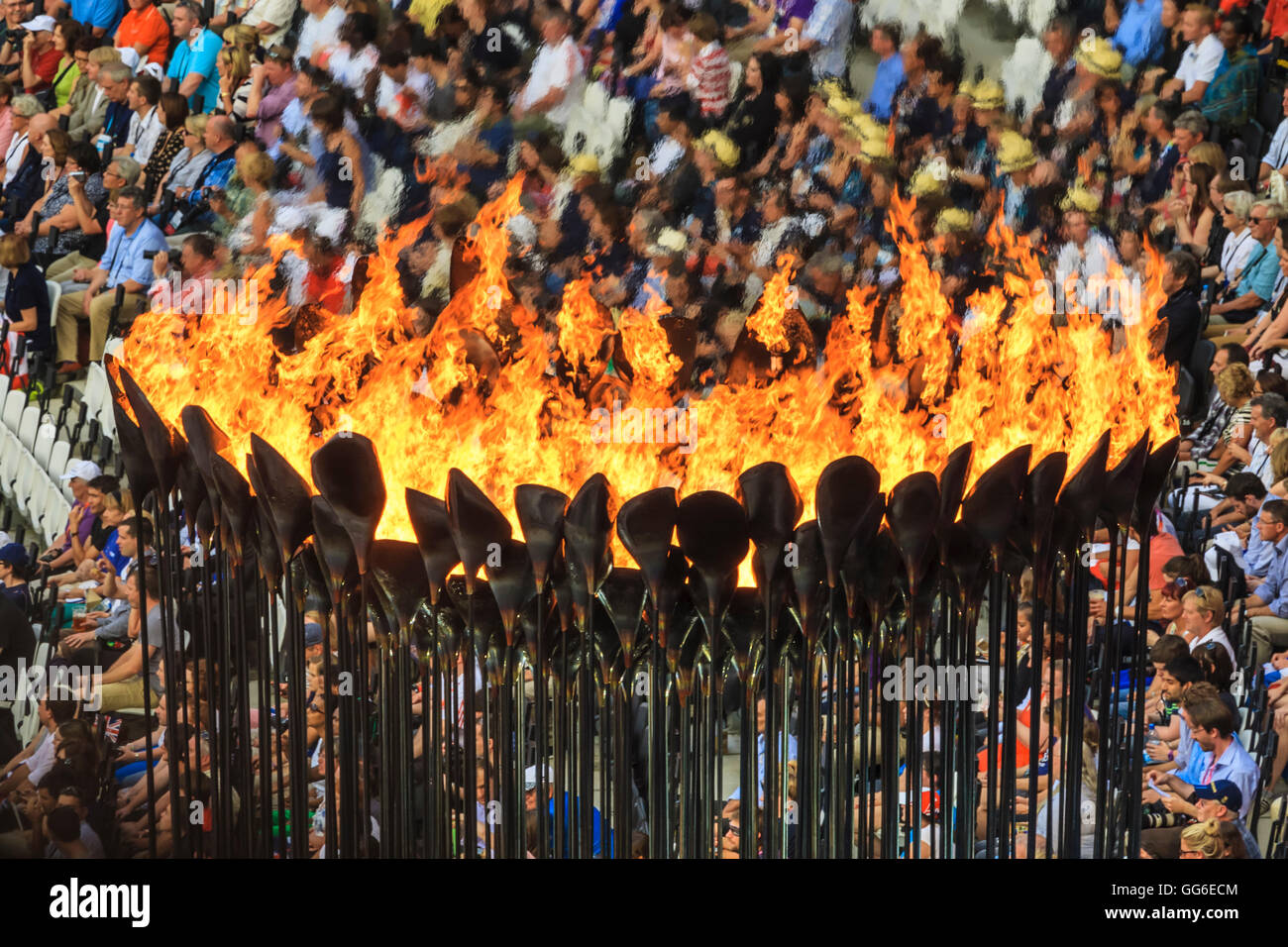 Olympic flame burns brightly in olympic cauldron hires stock