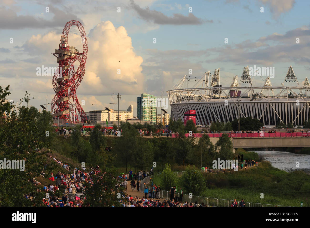 Crowds in the Olympic Park in early evening, with Orbit and Olympic Stadium, London 2012, Summer Olympic Games, London, UK Stock Photo