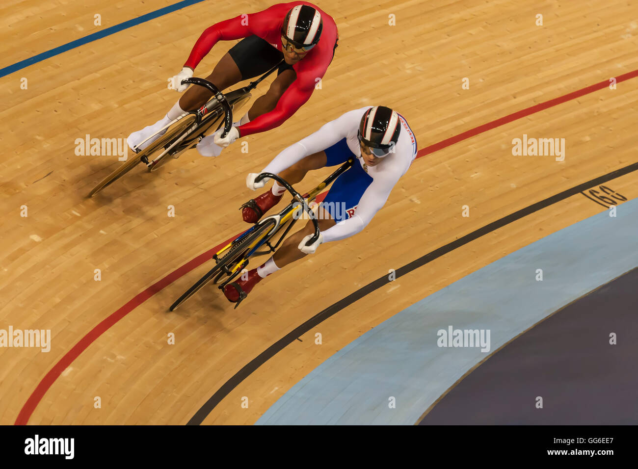 Track cycling battle in the velodrome, London 2012, Summer Olympic Games, England, United Kingdom, Europe Stock Photo