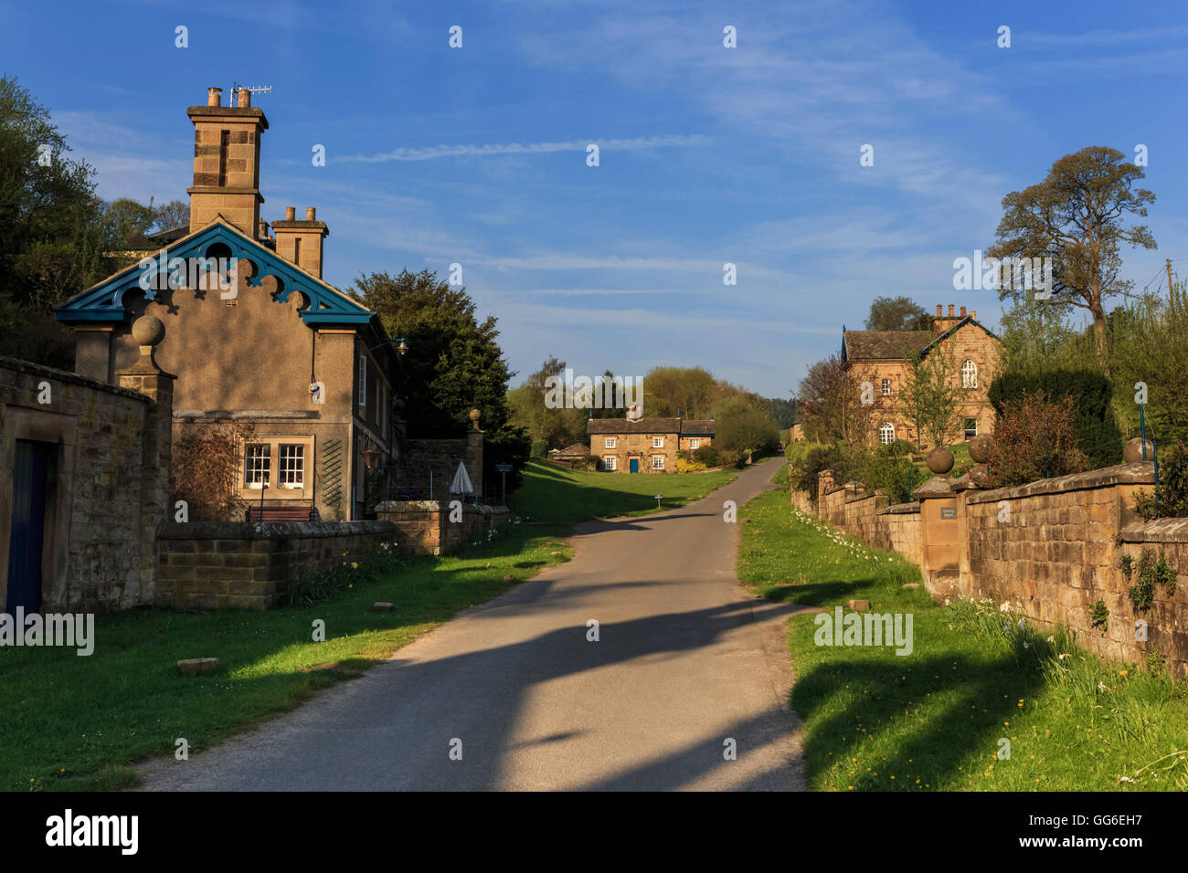 Spring morning at Edensor, Estate Village at Chatsworth, home of Duke of Devonshire, near Chesterfield, Derbyshire, England, UK Stock Photo