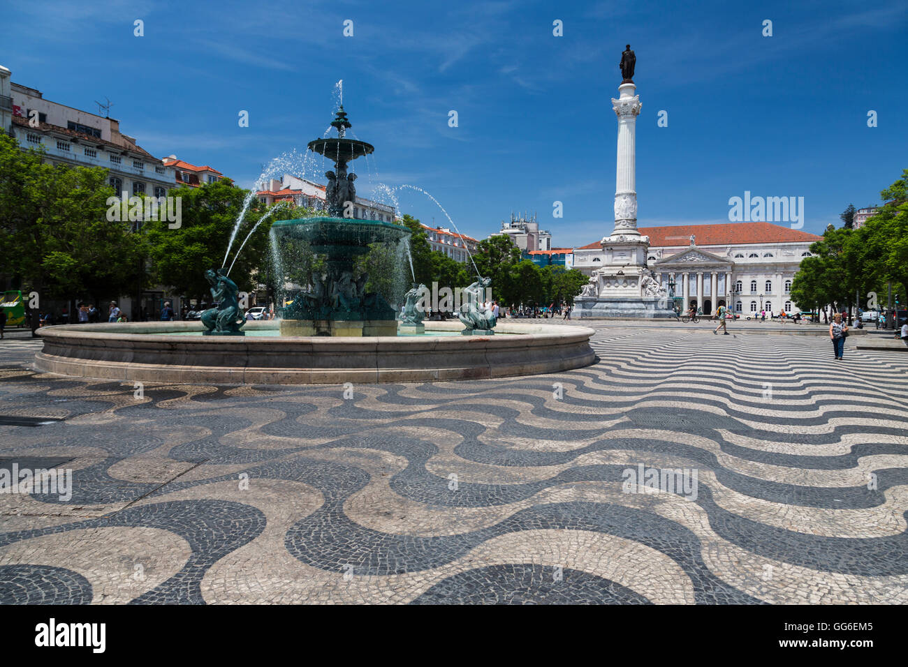 Fountain frames the old palace in Praca de Dom Pedro IV (Rossio Square), Pombaline Downtown, Lisbon, Portugal, Europe Stock Photo