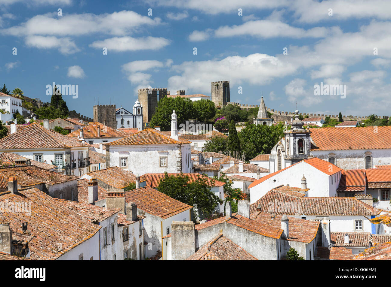 View of the ancient castle of Obidos originated in an early Roman settlement, Obidos, Oeste Leiria District, Portugal, Europe Stock Photo