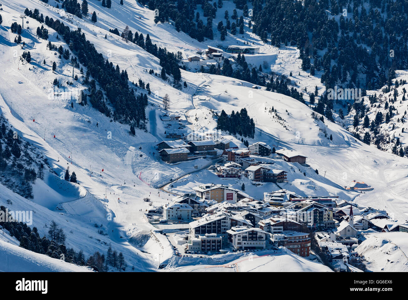 The Austrian skiing village of Obergurgl covered in winter snow at the end of the Otztal valley, Tyrol, Austria, Europe Stock Photo