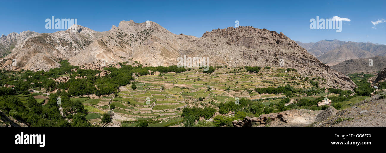 A village and terraced fields of wheat and potatoes in the Panjshir valley, Afghanistan, Asia Stock Photo